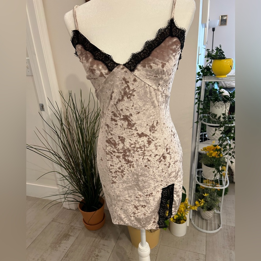 Elegant Velvet Lace Trim Slip Dress